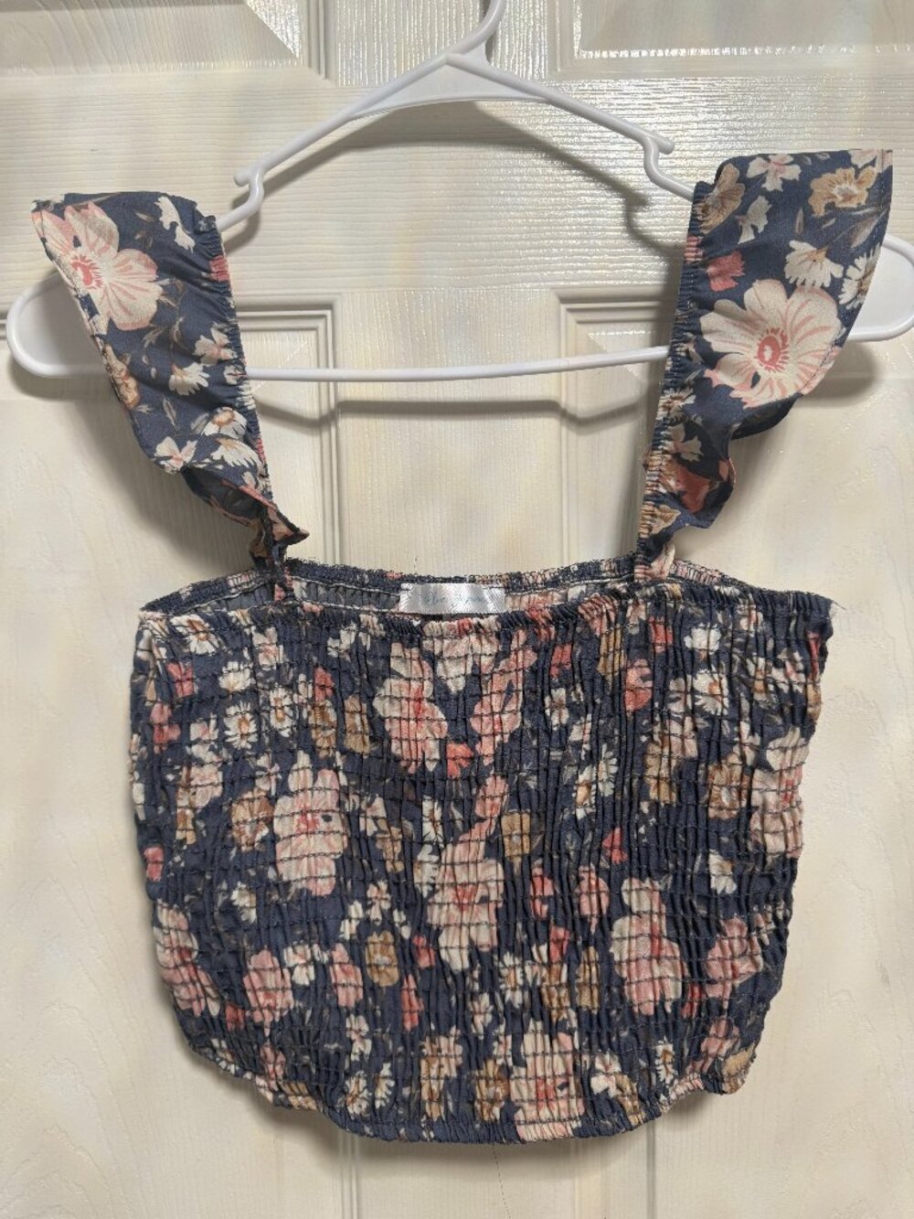 Blue Jasmine Floral Smocked Ruffle Strap Crop Top Blue Pink